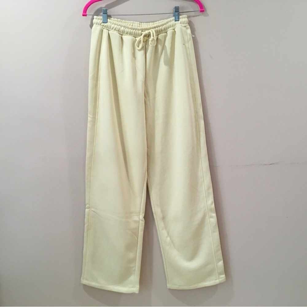New Zara Wide Leg Sweatpants Fleece Yellow Womens M High Waisted Basic 3199/634
